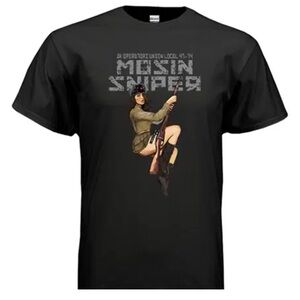 EUC AKOU Mosin Russian Soviet Pinup Girl Sniper Black T-shirt Size Large